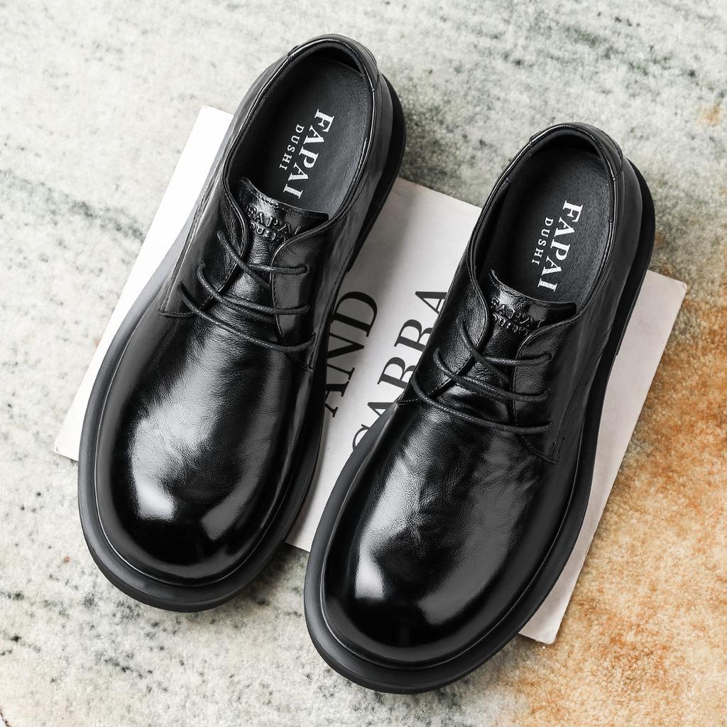 New Business Dress First Layer Cowhide Shoes British Style Men's Shoes Fashion Big Round Head Leather Men's Shoes Tide