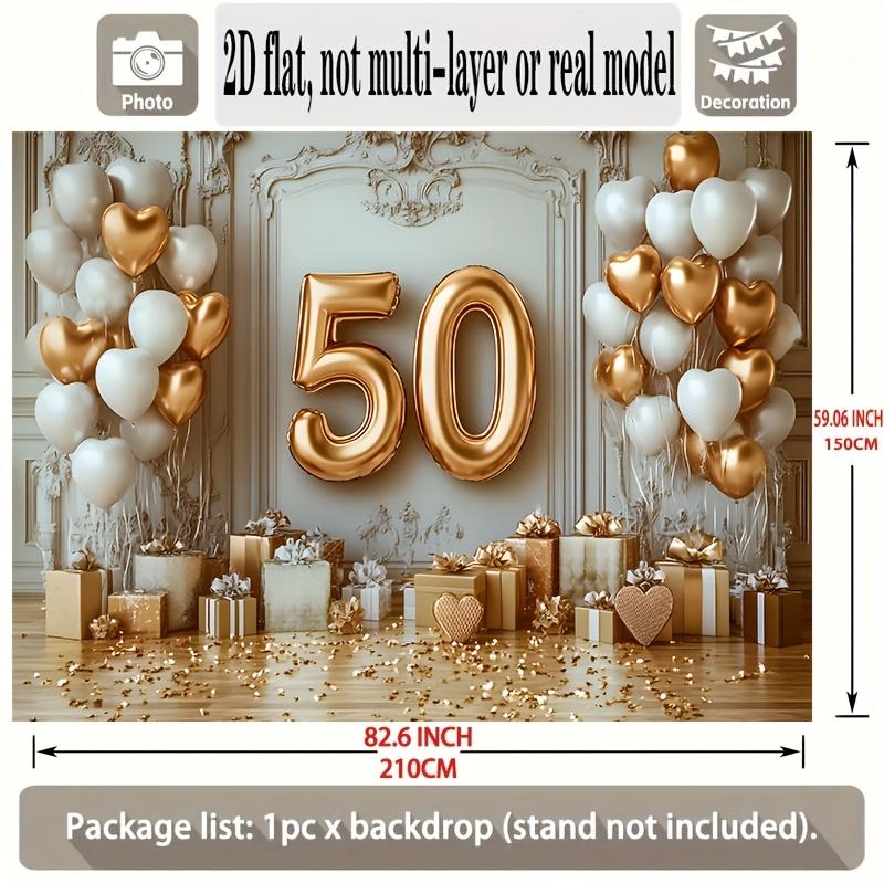2D flaches Banner, 1 Stück. Elegante 50. Hochzeitstag Platin Funkelnde Pulverballons und Champagner Hintergrund Dekoration