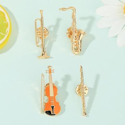 4Pcs Alloy Enamel Brooches Trumpet Clarinet Saxophone Violin Shaped Backpacks Decoration Lapel Pins Jewelry Accessories