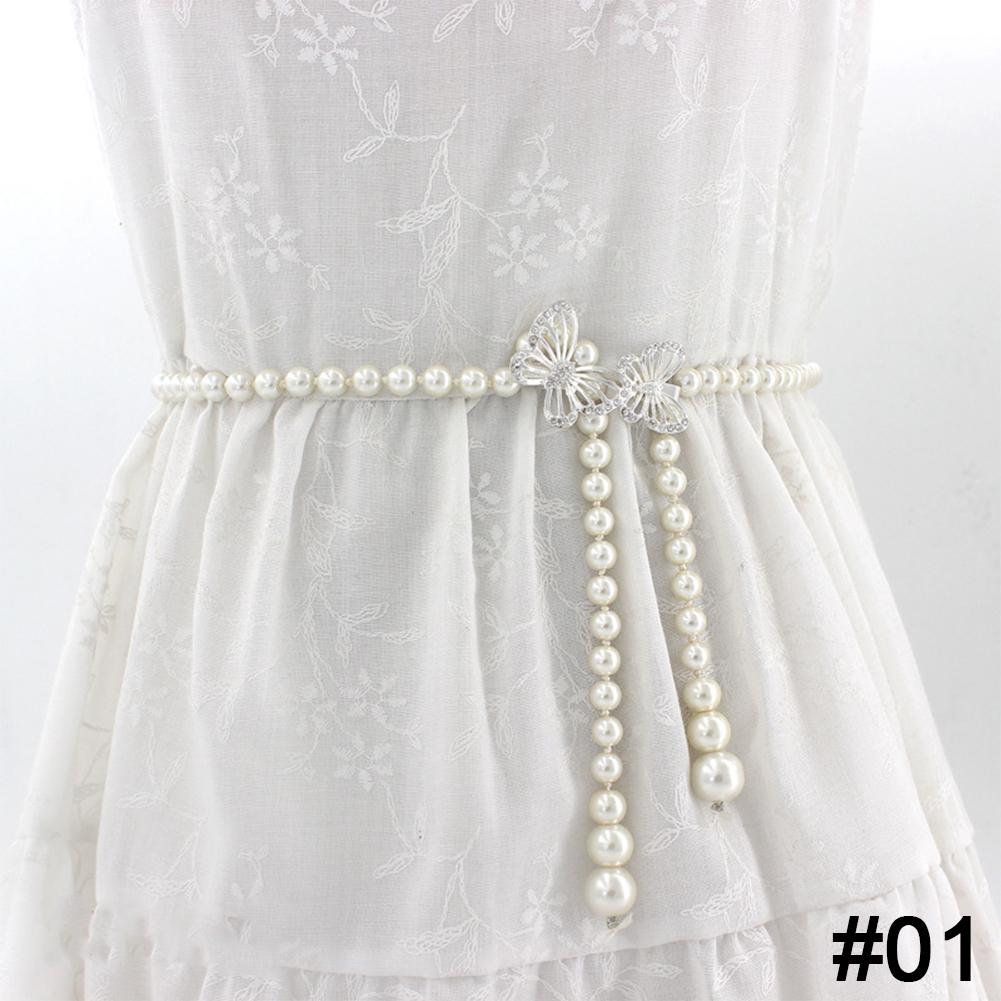 

Элегантный женский пояс с жемчугом и бантом, эластичная пряжка на талии с жемчужной цепочкой, женское платье для девочек с кристаллами 01