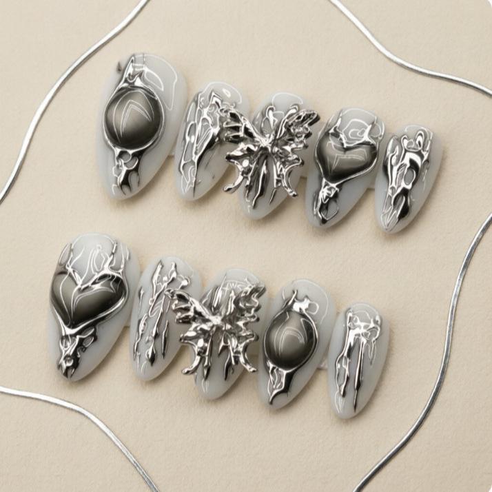 Silver Butterfly & Heart Almond Nail Art Stickers - High Quality Spicy Girl Style