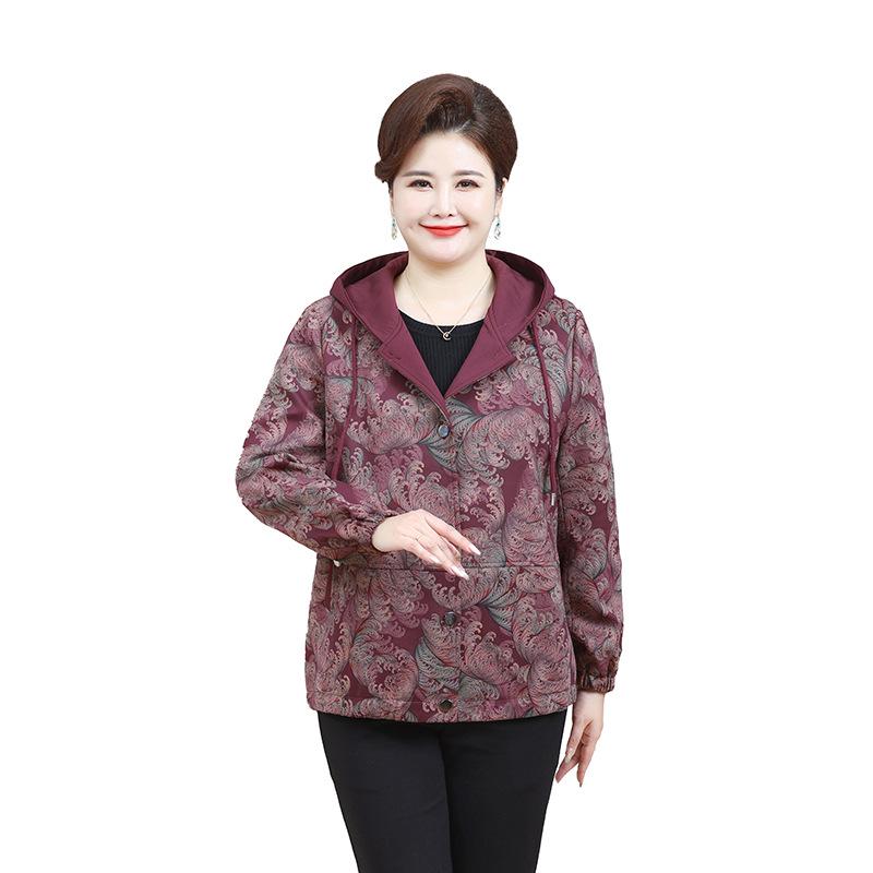 Spring/Autumn Plus Size Loose Hooded Jacket for Middle-Aged & Elderly Women - Fashion Print Patchwork Design