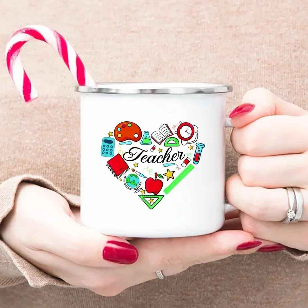 Teacher's Day Stationery Heart Apple Enamel Mugs Handle Cups Coffee Tea Milk Mugs Bonfire Party Best Gifts for Teacher