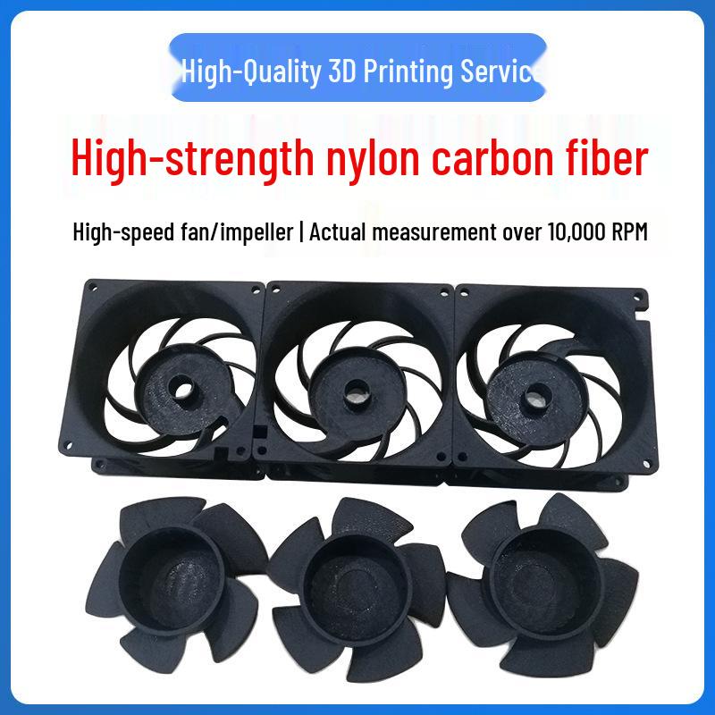 

3D-Printed Nylon Carbon Fiber Fan Impeller with High-Precision ABS Housing, PEEK, and Flame-Retardant PEI SLS/MJF Glass Fiber Nylon