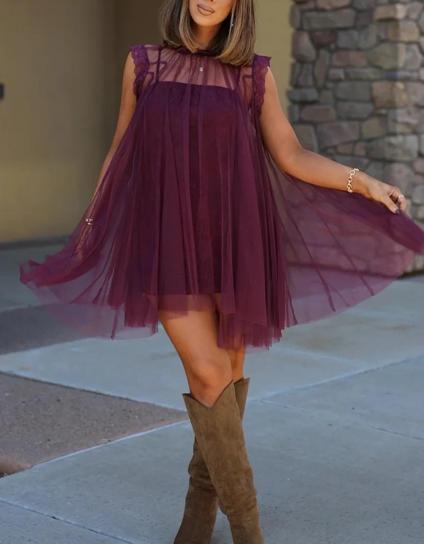 2026 New European and American Style Purple Mesh Dress for Women, Sleeveless Lace Patchwork Loose Elegant Short Skirt S