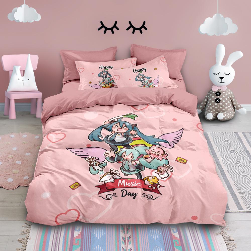 Hatsune Miku Pure Cotton 4-Piece Bedding Set: Cute Duvet Cover & Fitted Sheet for Students