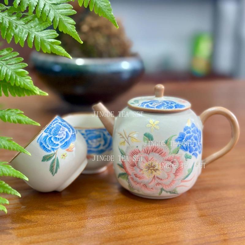 Chaozhou Embroidered Peony Teapot Chinese High-end Kung Fu Tea Set Household Lid Bowl Master's Tea Cup Tea Pot Underglaze Color