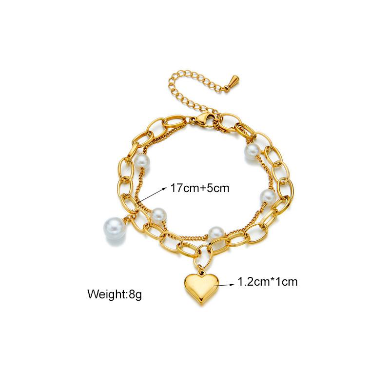 Gold Plated Stainless Steel Double Layer Pearl Heart Charm Bracelet For Women