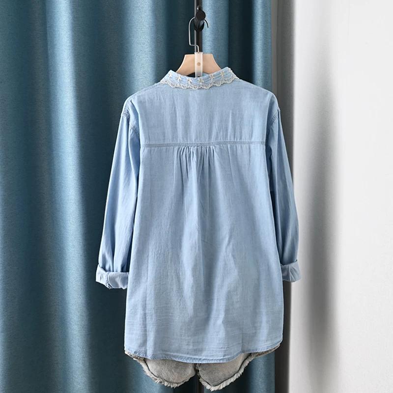 Soft Denim Shirt Flowers Vine Embroidery Romantic Blouse Mori Girl
