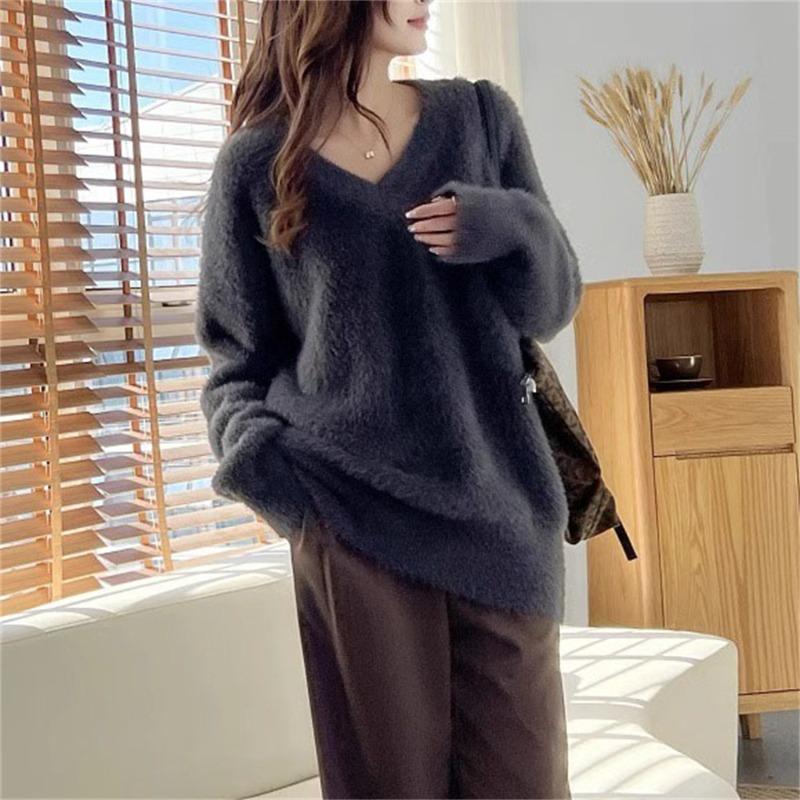Milk wear imitation mink fleece collar soft waxy knitted sweater top women's autumn and winter new gentle wind sweater women's outer wear
