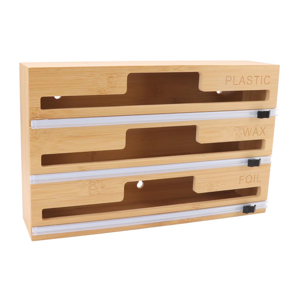 Plastic Wrap Dispenser with Slide Cutter 3 in 1 Bamboo Foil and Wax Paper Storage Box for Home Kitchen Drawer
