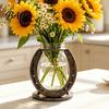 Horseshoe Shaped Desktop Decor Flower Vase, Rustic Metal Frame with Thoughtful Gift for Gardeners Clear Glass Jar, Western Farmhouse Floral