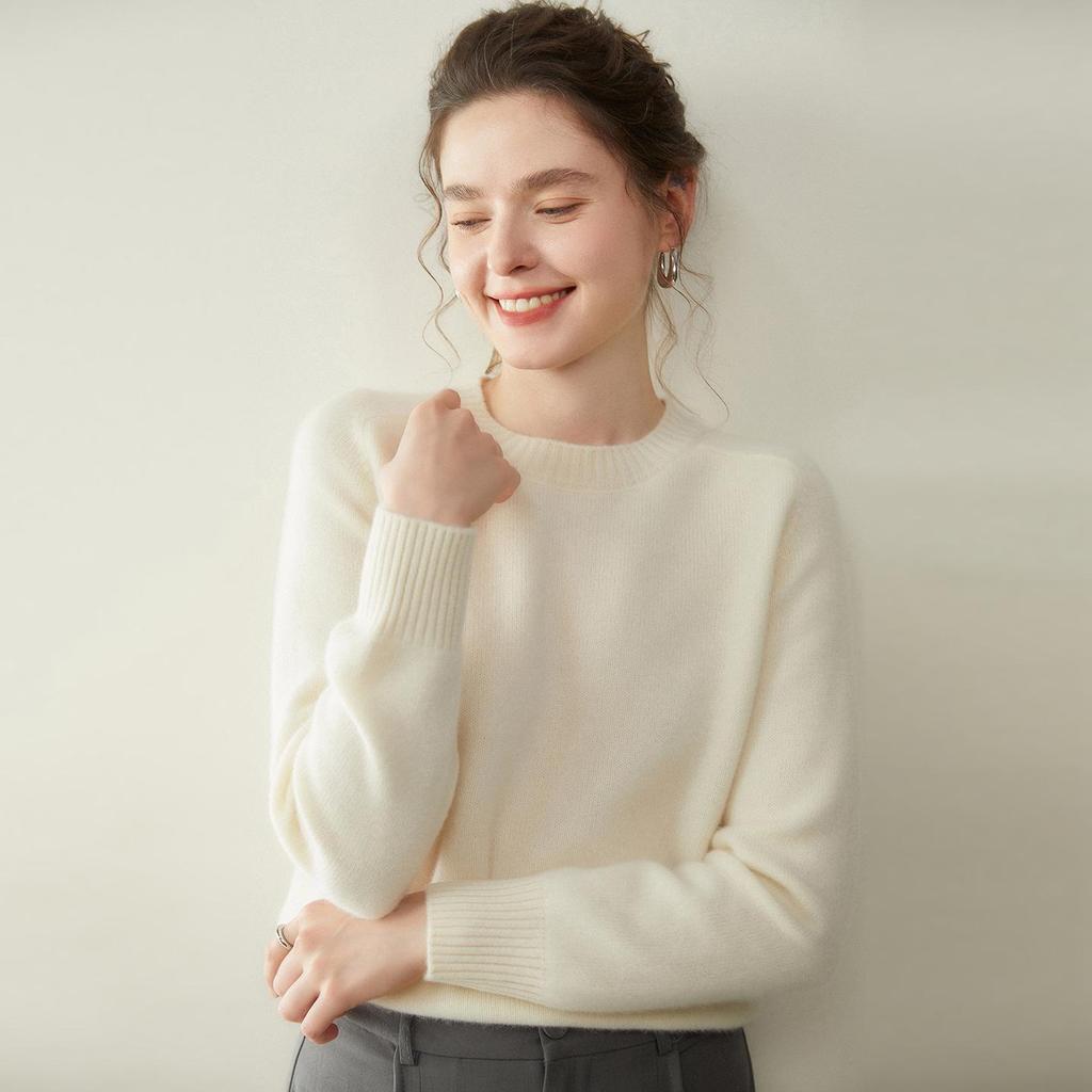 Damen Kaschmir Pullover mit Rundhalsausschnitt - Herbst/Winter Kollektion 2025, Sattelschulter, Verdickt, Uni-Farben, Lockere Passform, Figurschmeichelnde Strick-Basis.