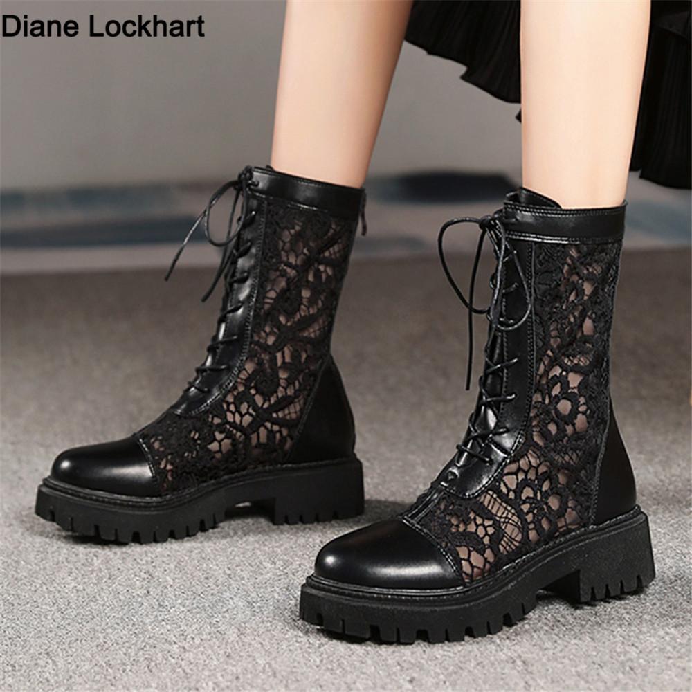 Fashion 2025 New Women Boot Breathable Lace Mesh Lace Up Punk Gothic Ankle Boots Platform Shoes Women Summer Boots Ladies Size 35-45