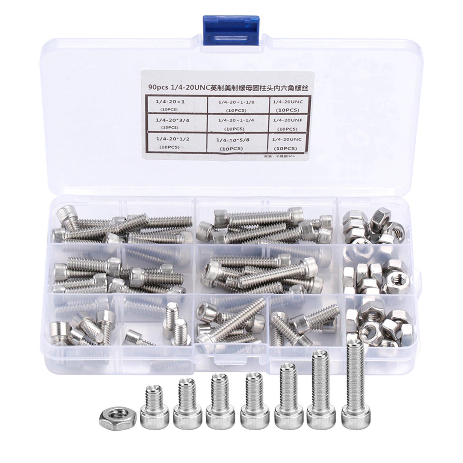 

90pcs 1 4 20UNC Stainless Steel Hex Socket Cap Head Bolts Hex Screw Assortment Kit