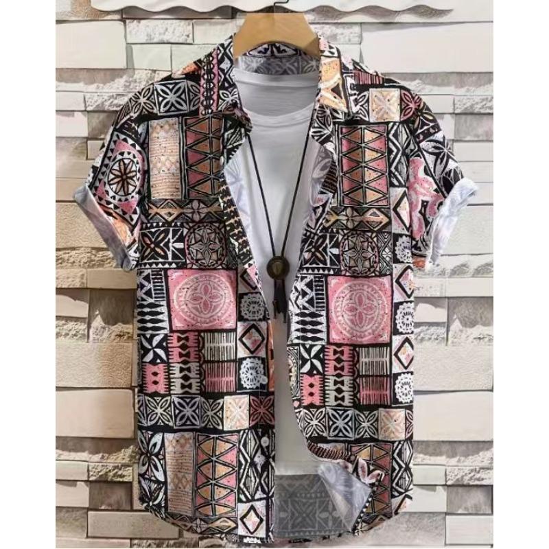 Men Short Sleeve Button Down Shirt Palm Leaf Print Casual Summer Beach Shirt