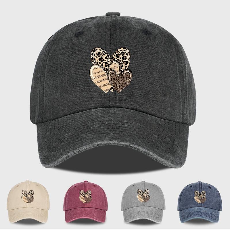 MLFO Three Leopard-print Heart-patterned Washed Baseball Caps: Unisex Casual Style, Retro Sun Hats, Fashionable Headwear