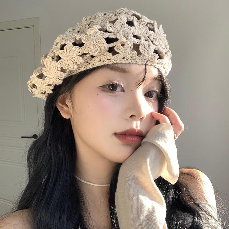 Stylish Embroidered Flower Hollow Beret Hat For Women Summer Versatile Thin Design