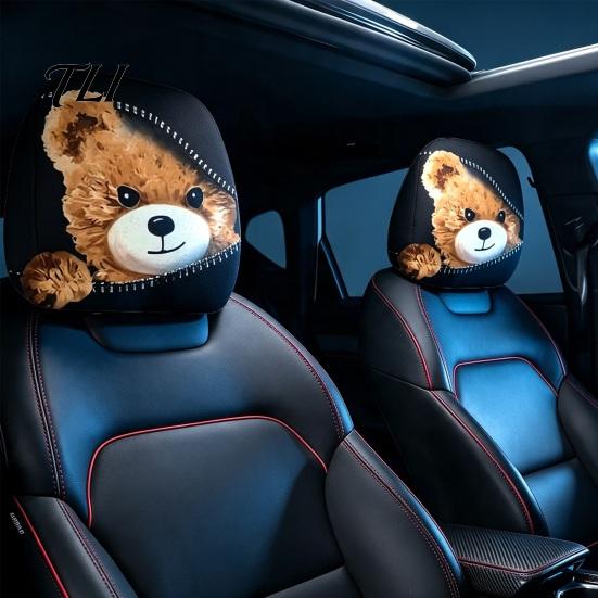 Humorous Car Accessories Zipper Bear Headrest Cover, 2D Flat Print Cute Seat Universal Fit Covers Protector, Breathable Auto Interior Decor