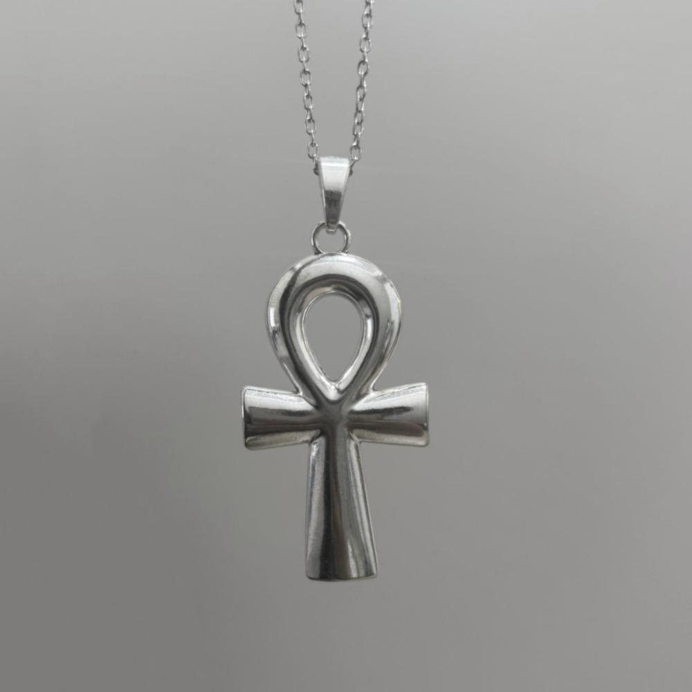 Retro Sliver Color Ancient Egyptian Symbol of Life Ankh Cross 80x42mm Large Pendant Necklace for Women Men Halloween Jewelry