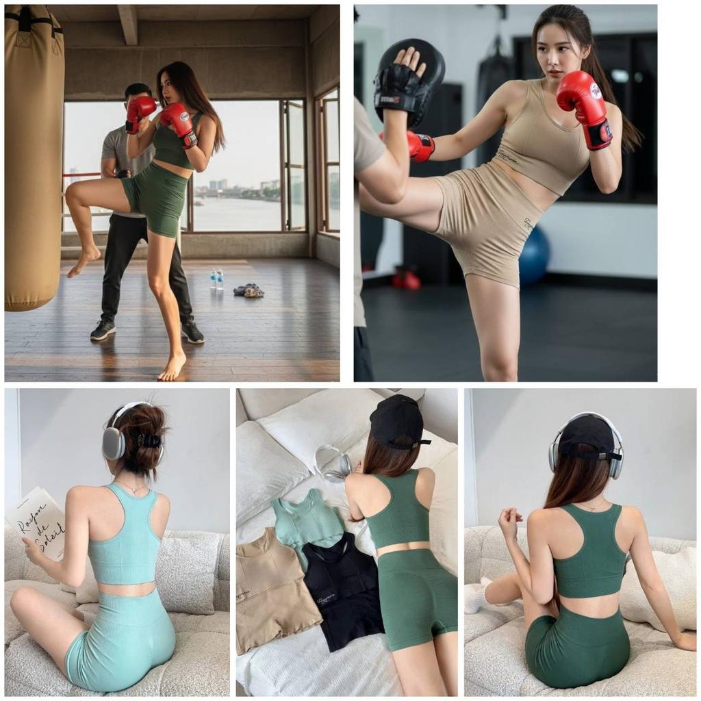 Women Top Sport Bra Tank Shorts Set Yoga Muay Thai Boxing Exercise Training Pilates Fitness Workout Sportwear Gym Quick Dry Stretch Fabric