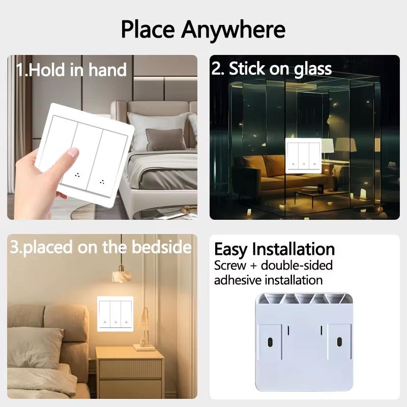 433MHz უსადენო ჭკვიანი კედლის ნათურის ჩამრთველი 1/2/3 განყოფილებიანი დისტანციური მართვის პანელი AC100–240V სტიკერის დიზაინი LED ნათურებისთვის სახლის ავტომატიზაცია