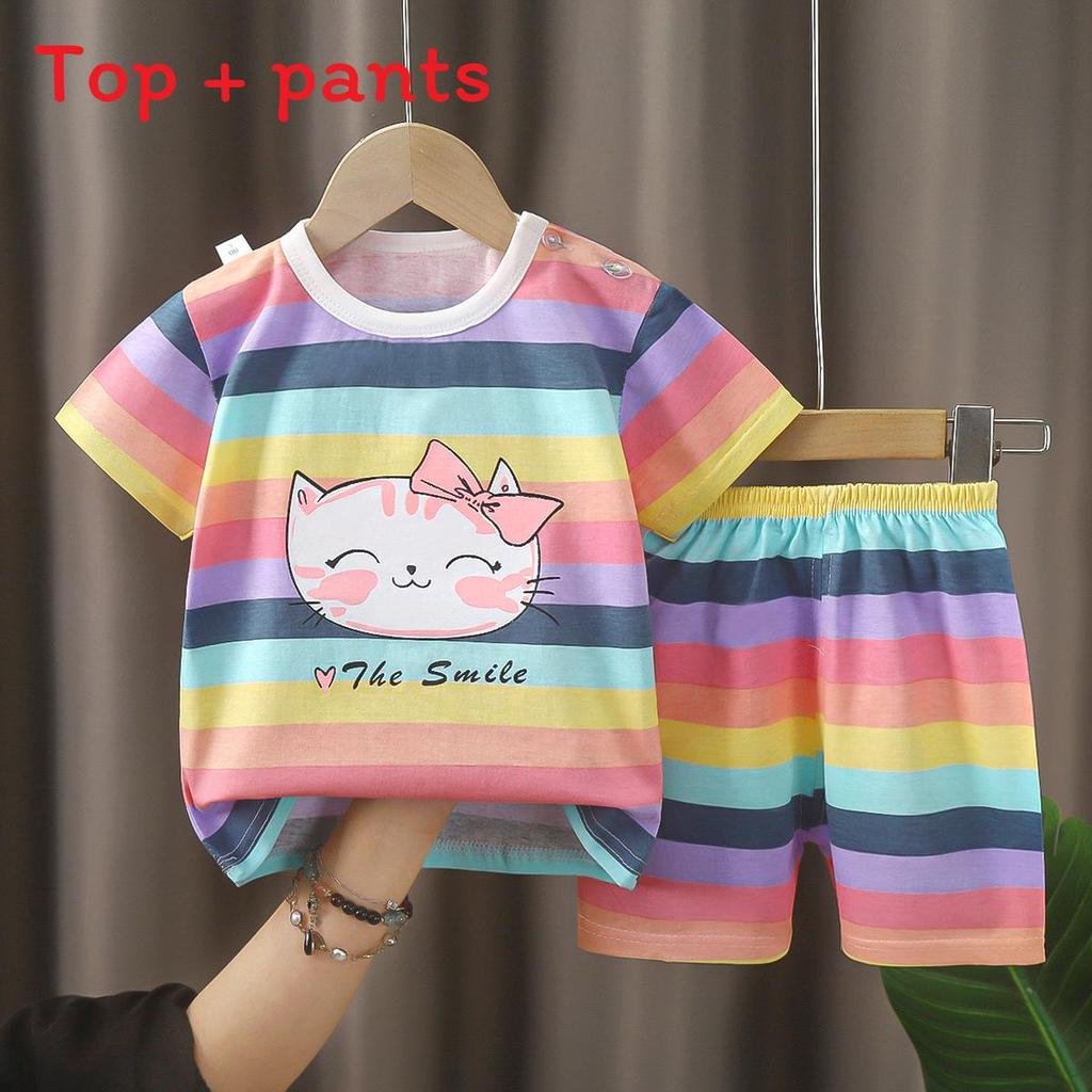 Baby Boy Girl Summer Cotton Short Sleeve Tshirt And Shorts Set With Animal Prints For Toddler Kids