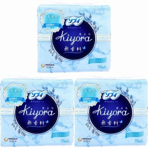 

[Set of 3] Sofy Kiyora Panty Liners, Unscented, 72 Sheets x 3 Packs, Clean and Smooth, Total 216 Sheets