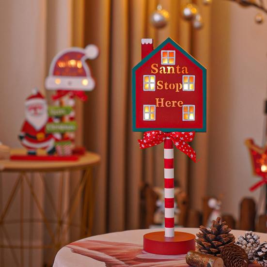 Christmas Street Sign Light with Bowknot Santa Stop Here North Pole Letter Vintage Reusable Xmas Holiday Decoration Desktop Guideboard LED Lamp