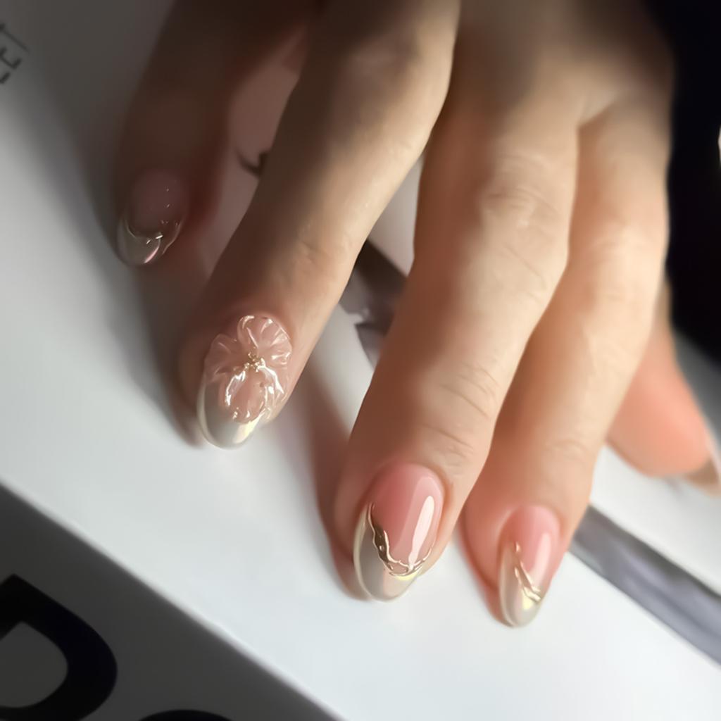 24PCS 3D Peach Flower French Style False Nails Fake Nails Manicure Nails Tips Removable Fake Nails Acrylic Press On Nails