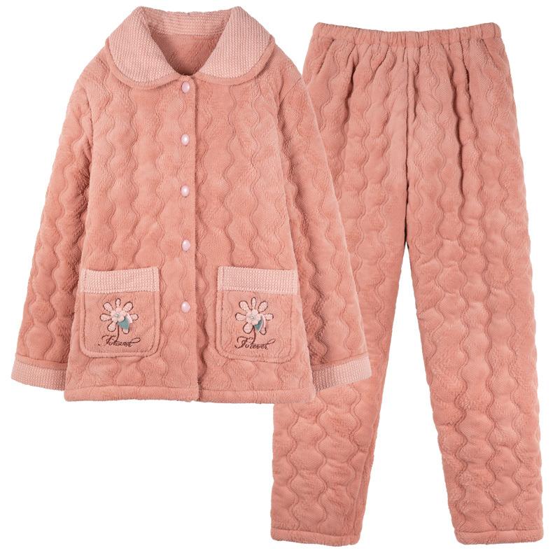 Padded Pajamas Women'S Winter Three-Layer Thickened Velvet Coral Velvet Autumn And Winter Padded Jacket Can Be Worn Outside Loungewear Set