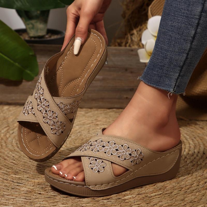 Thick-soled hollowed-out cross slippers women's slope heel embroidered beach fish mouth side empty open-toed cool slippers