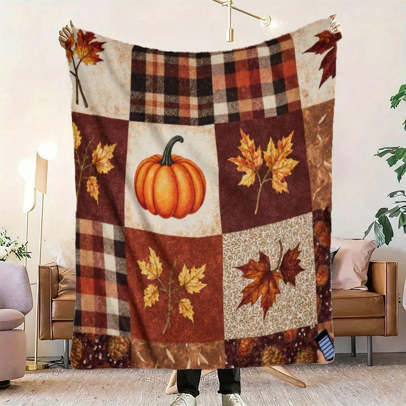 Kaufe Herbst-Patchwork-Decke - Gemütliches Weiches Flanellgewebe mit Vintage-Kürbis- & Blatt-Karomuster in Warmen Braun-/Orange-/Tönen - Ganzjahres-Tagesdecke für Co zum Preis ab 12