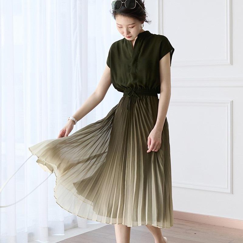 Pleated Gradient Slimming Lace-up Elastic Waist Dress for Women Spring and Summer