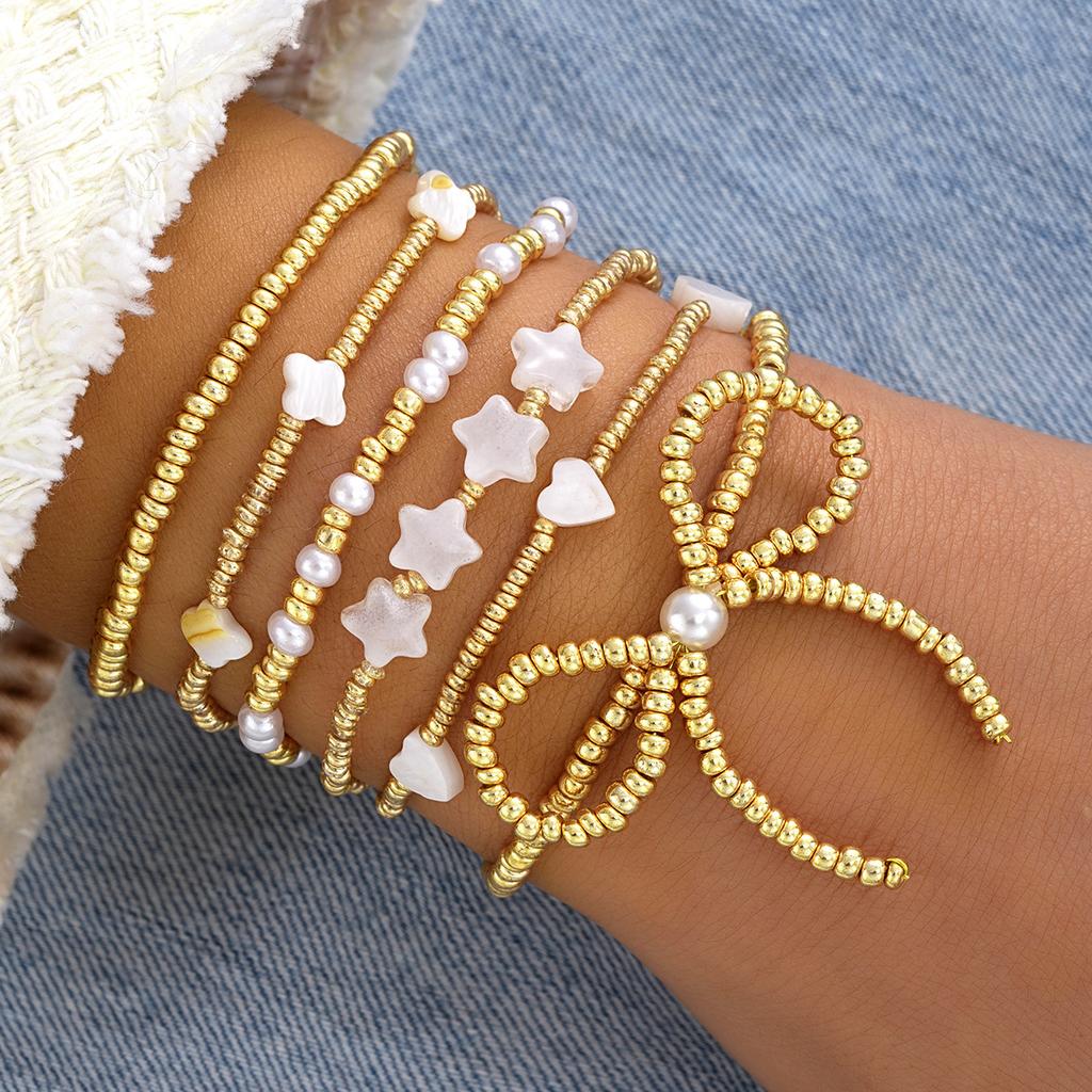 IF ME Fashion Bowknot Beaded Bracelets Set for Women Simple Elegant Gold Color Bracelets Set Summer Beach Party Ideal Jewelry