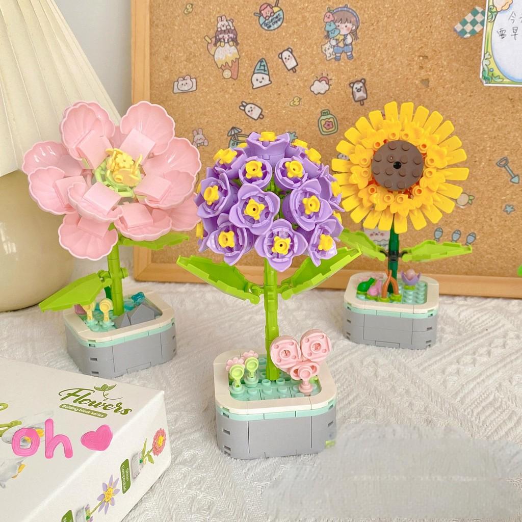 Sunflower Rose Lotus Lily Of The Valley Hyacinth Flowerpot Building Gift Blocks