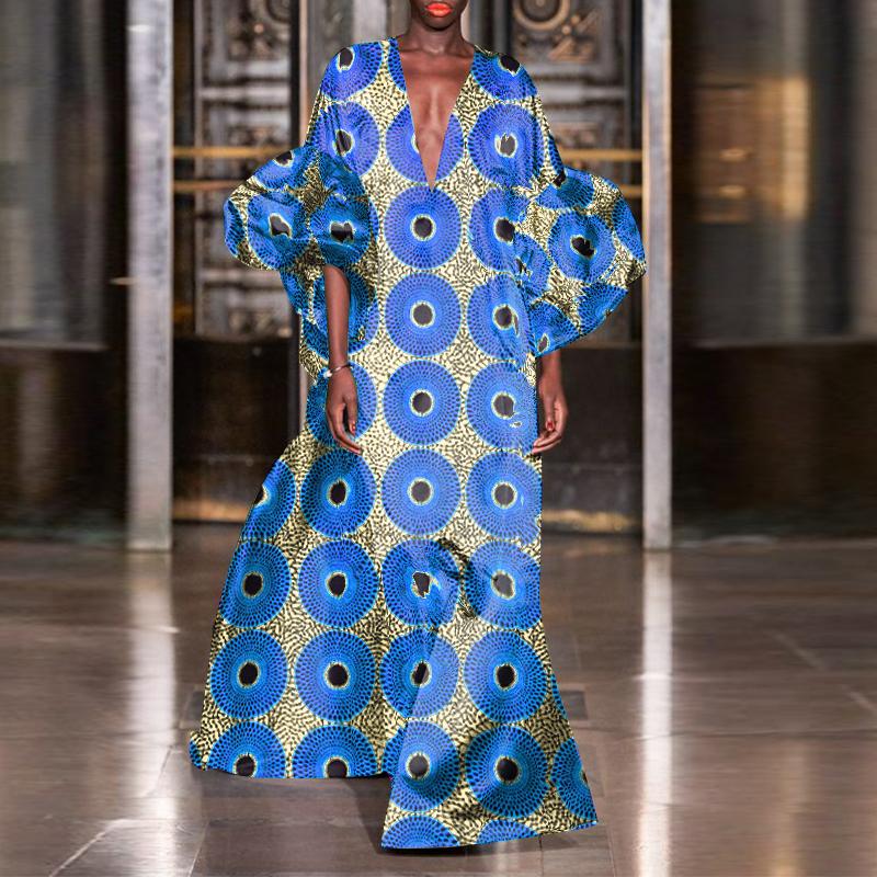 

Женские платья большого размера с глубоким V-образным вырезом и длинным рукавом с принтом L синий