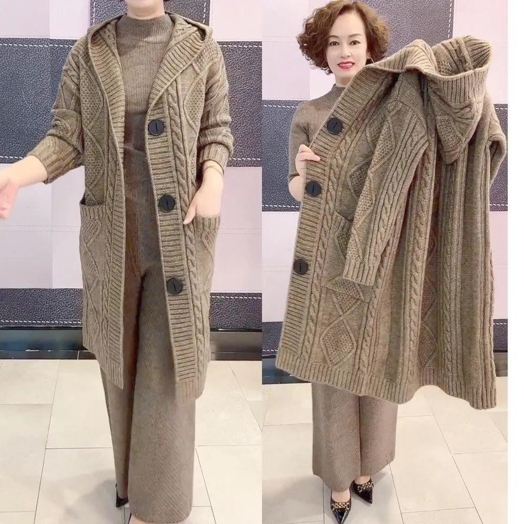 Spring Autumn Jacquard Twists Cardigan Sweater Large Size Women Long Hooded Single Breasted Knitted Cardigan Coat S-5XL Plus Size