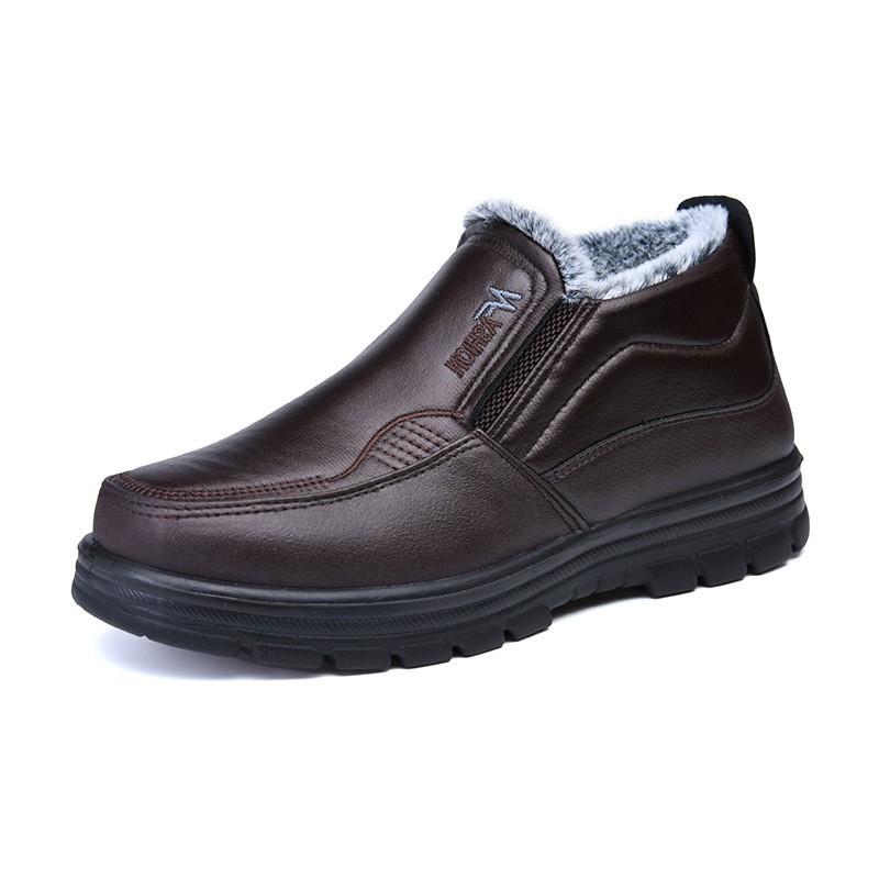 Mens Winter Waterproof PU Snow Boots Thick Insulated Slip-On Warm Casual Low-Cut Middle-Aged Seniors