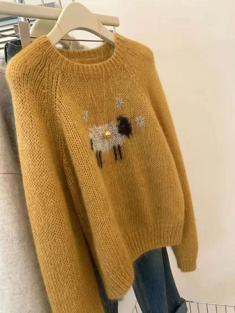 2026 Trendy Cartoon Jacquard Round Neck Women's Sweater: Soft, Loose, Versatile, Age-Reducing Wool for Autumn-Winter.