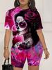 Skull Head 1116 Summer New Versatile Abstract Printed Women's Clothing Suit European and American Women's Clothing Daily Short Sleeve Shorts