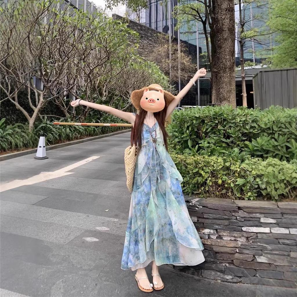 Seaside Resort Style Flutter Sleeve Camisole Dress - Women's Summer 2026 Waist-Cinched Irregular Fairy Dress