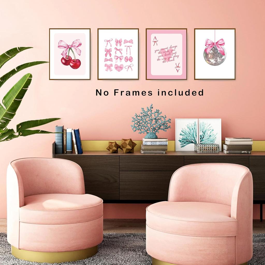 okaxscm Pink Coquette Bow Trendy Preppy Wall Art Prints Set of 4, Coquette Room Decor, Preppy Room Dorm Decor Aesthetic, Pink Bow Cherry Disco Ball