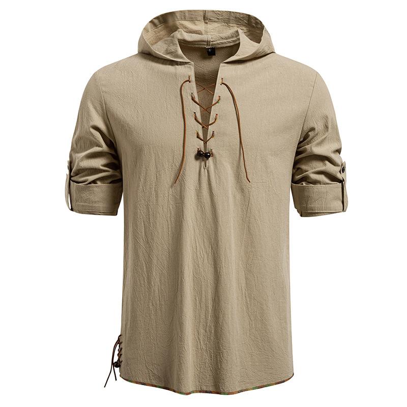 Męska koszula ze sznurowaniem i kapturem, casualowa bluzka retro dla mężczyzn, wiosna lato, regulowany rękaw, wielokolorowa męska bluzka