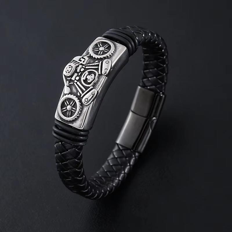 Punk Classic Gothic Vintage Motorcycle Leather Braided Stainless Steel Fashion Jewelry Bracelet for Men Magnetic Clasp