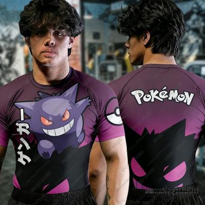 Summer Men's Fitness Tshirts Cartoon Pokémon Gengar Muscle T-shirts Jiu Jitsu Rash Guard Breathable Tees Man Fitness Clothing