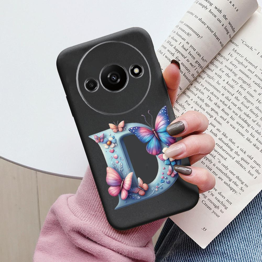 Handyhülle für Xiaomi Redmi A3 4G A3x Rosa Buchstabe Blume Schmetterling Stoßfest Weiches Silikon Cover Kameraschutz TPU Fundas