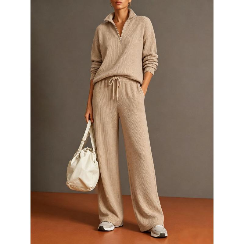 2026 New Women Autumn‑Winter Sports 2‑Piece Set, Mock Neck Zipper Sweatshirt & Wide‑Leg Pants Outfit