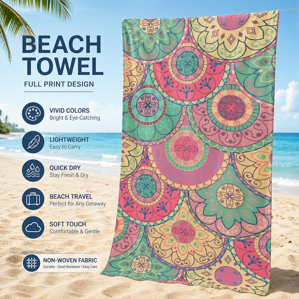 Boho Mandala Beach Towel flat print Colorful Floral Bath Towels for Adults Large Summer Pool Party Outdoor Travel Decor