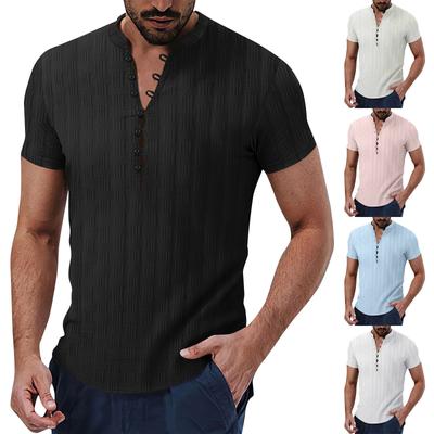 Men's Solid Color Striped Button Short Sleeve Top Men's Casual Fashion Shirt